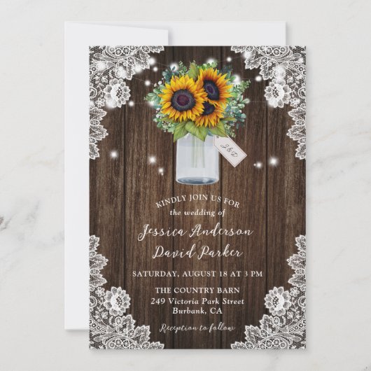 Land Zonnebloem Mason Jar Lace Wood Wedding Kaart (Voorkant)
