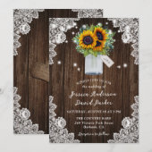 Land Zonnebloem Mason Jar Lace Wood Wedding Kaart (Voorkant / Achterkant)