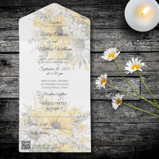 Land Zonnebloemen & Daisies met QR Code All In One Uitnodiging