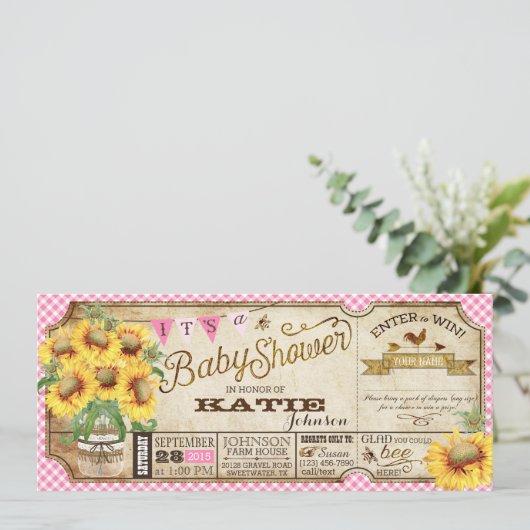 Land Zonnebloemen en Gingham Check Baby shower Kaart (Staand voorkant)