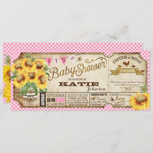 Land Zonnebloemen en Gingham Check Baby shower Kaart (Voorkant / Achterkant)