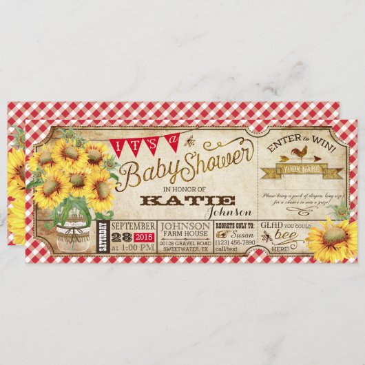 Land Zonnebloemen en Gingham Check Baby shower Kaart (Voorkant / Achterkant)