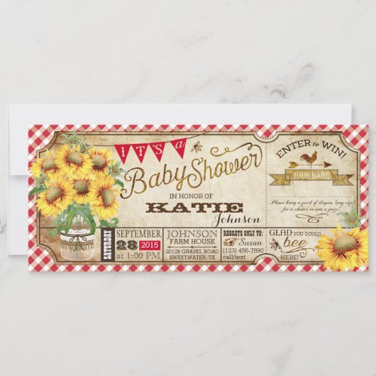 Land Zonnebloemen en Gingham Check Baby shower Kaart (Voorkant)