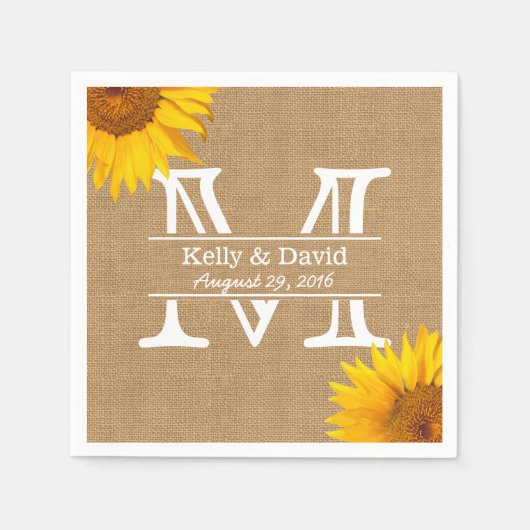 Land Zonnebloemen Monogram Burlap Rustiek Huwelijk Servetten (Voorkant)