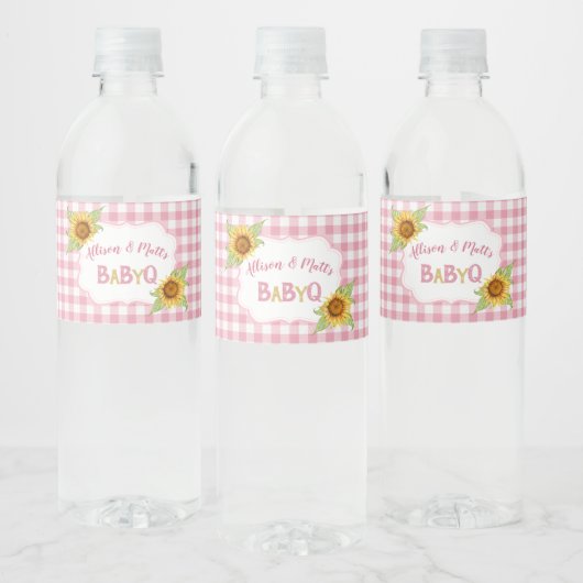 Land Zonnebloemen Roze Gingham Check Baby Q BBQ Waterfles Etiket (Flessen)