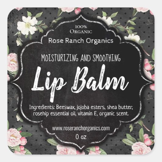 Land  Zwart Bloemen Lip Balm Labels (Voorkant)