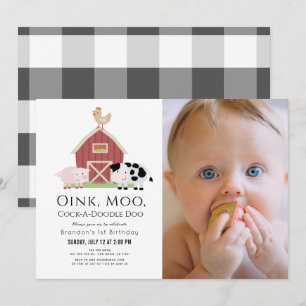 Landbouwhuisdieren Barnyard White Foto 1st Birthda Kaart