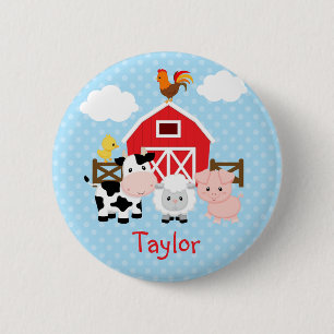 Landbouwhuisdieren (blauw) Gepersonaliseerde Kinde Ronde Button 5,7 Cm