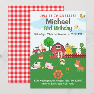 Landbouwhuisdieren Rood Gingham Barnyard Birthday Kaart