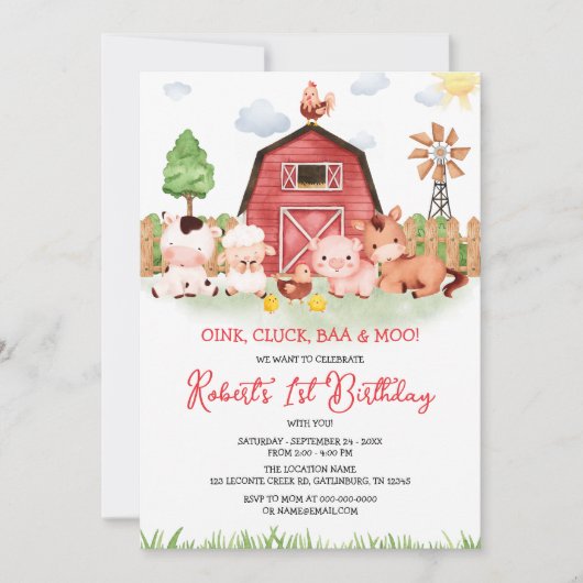 Landdieren Barnyard Birthday Invitation Kaart (Voorkant)