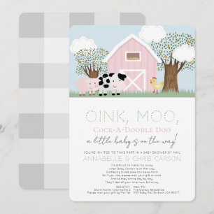 Landdieren Barnyard Pink Baby shower per post Kaart