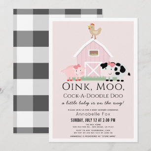 Landdieren Barnyard Pink Gingham Baby shower Kaart