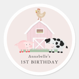 Landdieren Barnyard Pink Girl Birthday Ronde Sticker