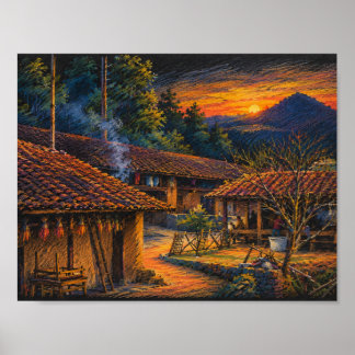 Landelijk bergdorp Zonsondergang Kleurpotlood Post Poster