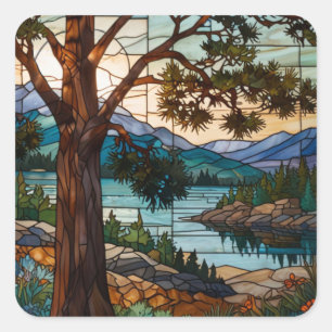 Landelijk berglandschap glas-in-lood  vierkante sticker