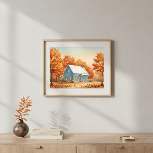 Landelijk Blauw Huis in Herfstbos Aquarel Poster