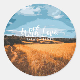 Landelijk Gouden Veld Zonovergoten Landschap Natuu Ronde Sticker