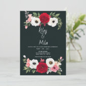 Landelijk groen rode witte rozen bloemenbruiloft kaart (Staand voorkant)