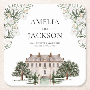 Landelijk landhuis bruiloft vierkante kartonnen onderzetter