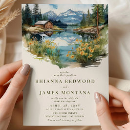 Landelijk meer en schuur waterverf bruiloft kaart