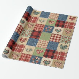 Landelijk Quilt Hart Patchwork Rood Blauw Cadeaupapier