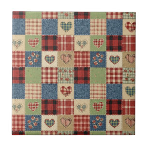 Landelijk Quilt Hart Patchwork Rood Blauw Tegeltje