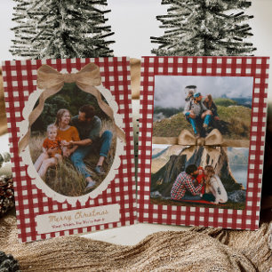 Landelijk rode Gingham Strik Foto Kerstkaart