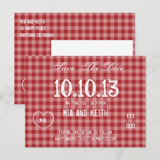 Landelijk rood geruit aankondigingskaart (Voorkant / Achterkant)