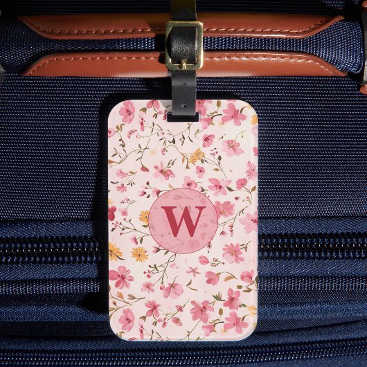 Landelijk roze bloemmotief bagagelabel