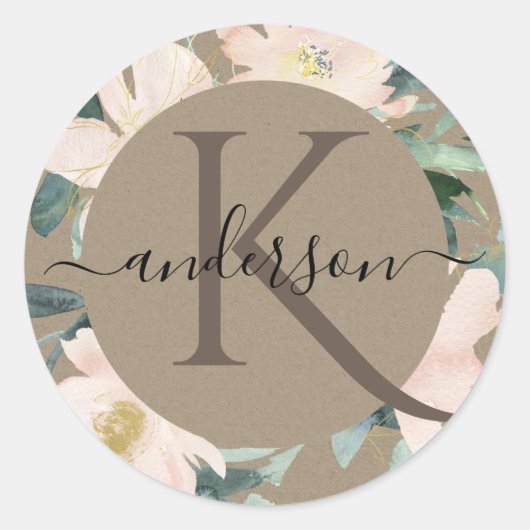 LANDELIJK ROZE GOUD AMBACHTELIJK BLOEMEN WATERVERF RONDE STICKER (Voorkant)