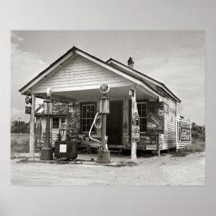 Landelijk vulstation, 1939. Oude foto Poster