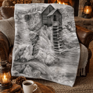 Landelijk watermolen landschap Monochroom Grijs kl Fleece Deken
