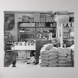 Landelijke algemene winkel, 1936. Oude foto Poster