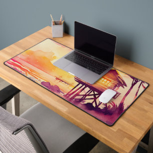 landelijke aquarel strand zonsondergang scène bureaumat