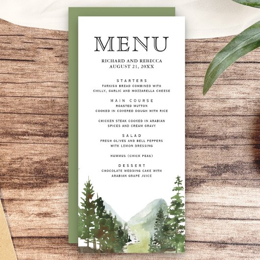 Landelijke bergbosbomen bruiloft menu