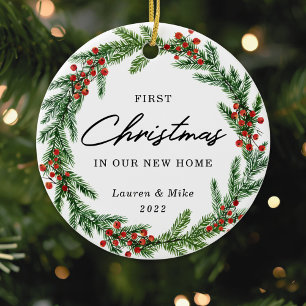 Landelijke besdenkrans Eerste kerst in nieuw huis Keramisch Ornament