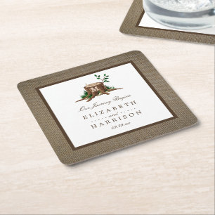Landelijke bijtende monogramboom en bunkerbruiloft vierkante kartonnen onderzetter