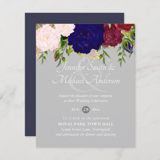 Landelijke blauwe bordeauxroze bloemen bruiloft ui (Voorkant / Achterkant)