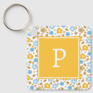 Landelijke blauwe gele lente bloemige monogram sleutelhanger