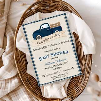 Landelijke blauwe vrachtwagen baby shower uitnodig kaart