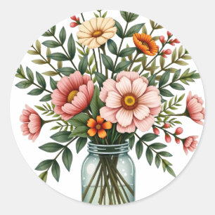 Landelijke bloemboeket in metselpotje botanisch ronde sticker