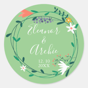 Landelijke bloemenslinger trouwfavoriet ronde sticker