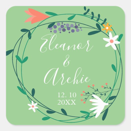 Landelijke bloemenslingers bruiloftsgeschenk vierkante sticker (Voorkant)