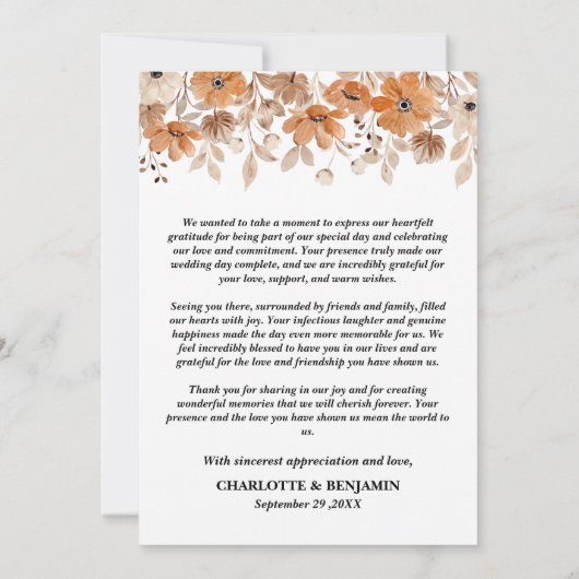 Landelijke bloemige bruiloft bedankkaart (Achterkant)