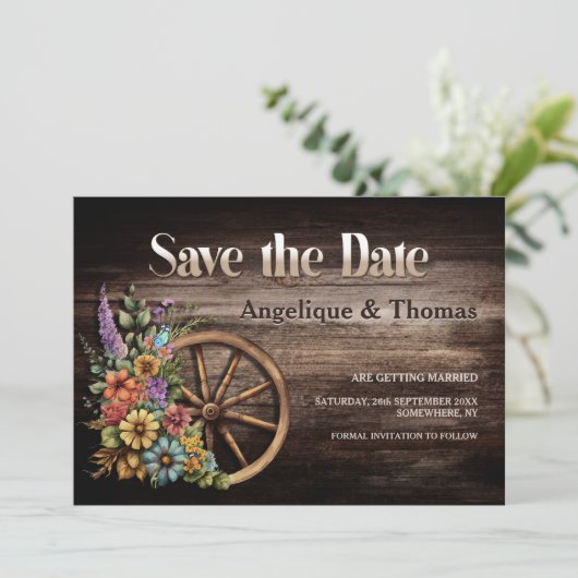 Landelijke bloemige bruiloft save the date (Staand voorkant)