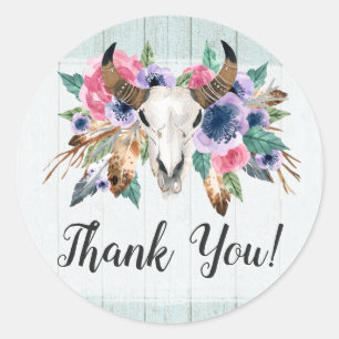 Landelijke Bloemkoe Schedel Boho Chic Houten Bedan Ronde Sticker