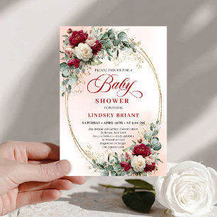 Landelijke bordeaux pioen gouden babyshower uitnod kaart