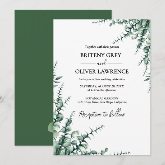 Landelijke Botanische Eucalyptus Groene Huwelijk Kaart (Voorkant / Achterkant)