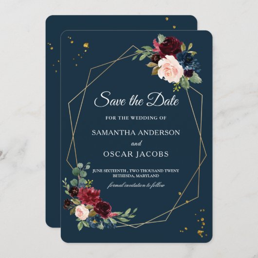 Landelijke Bourgondië Nawy Blauwe & Rode Gouden Bl Save The Date (Voorkant / Achterkant)