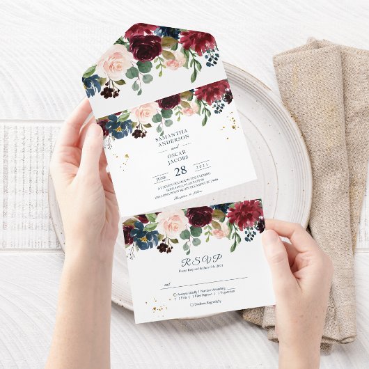 Landelijke Bourgondië Nawy Blauwe & Rode Schoonhei All In One Uitnodiging